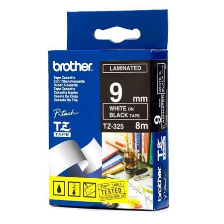 Fita BROTHER TZ-325 9mm "White on Black Tape"